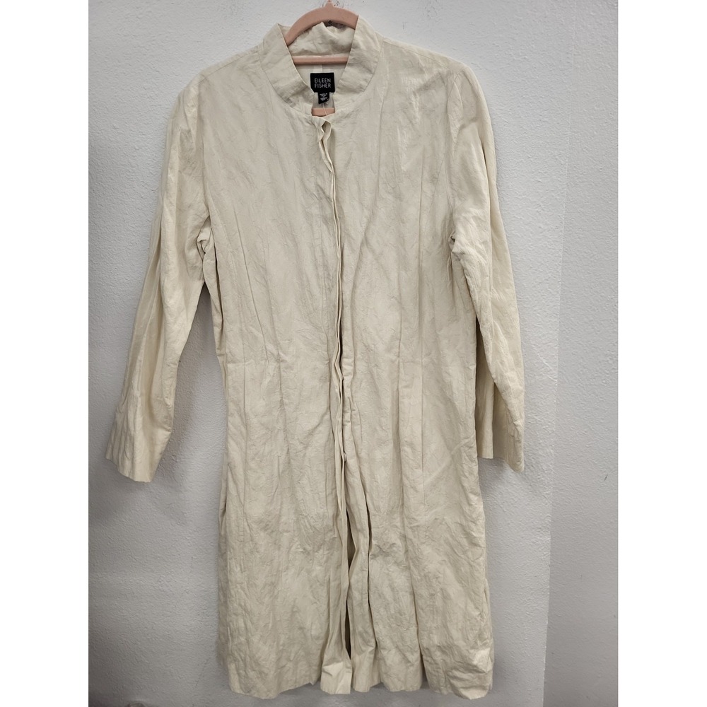 Eileen Fisher Cotton Blend Long Embroidery Duster Coat, Ivory, Size Medium